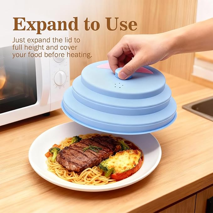 Collapsible Microwave Cover with Water Steamer – Silicone Splatter Cover & Steam Lid, 10 Inch BPA Free, Dishwasher Safe, Easy Storage for Reheating & Steaming Food