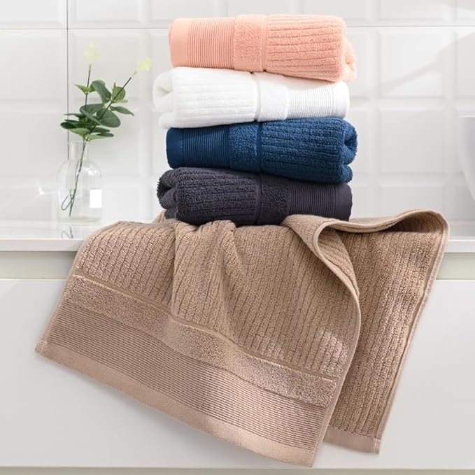 sense gnosis Khaki Hand Towel Soft Ribbed Striped Pattern 100% Cotton Absorbent Luxury Decorative Towel for Bathroom 13 x 29 Inch, 2 Pieces
