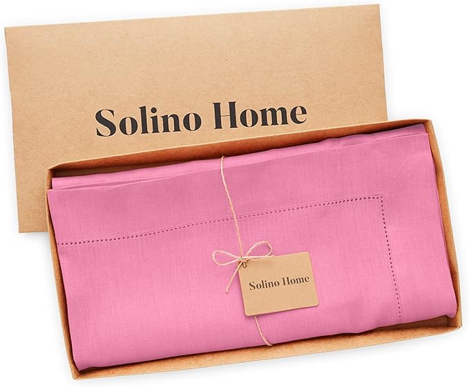 Solino Home Square Linen Tablecloth 52 x 52 Inch - 100% Pure Linen Flamingo Pink Table Throw - Classic Hemstitch, Machine Washable Table Cloth for Valentines