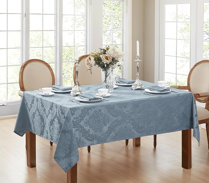 Newbridge Christmas Barcelona Damask Fabric Tablecloth, 60 x 84 Inch Rectangle, Blue – No Iron, Soil Resistant Table Cover for Dining, Parties and Holidays