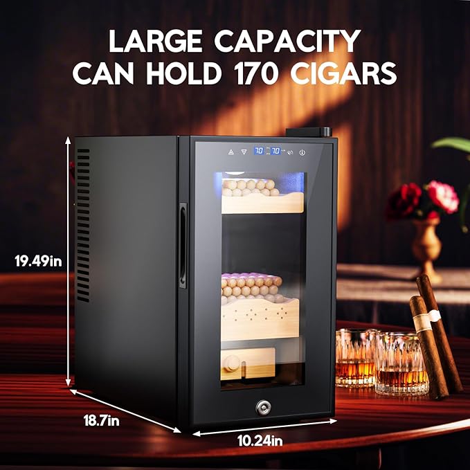 Tylza Cigar Humidor Cabinet 25L, Temp & Humidity Control Electric Humidors for Cigars, 170 Cigars, Digital Hygrometer, Safety Lock, Cigar Humidors with Cedar Wood Drawer Shelves, Cigar Gifts for Men