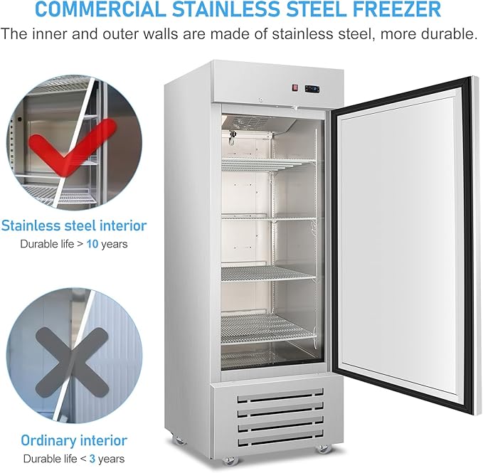 Commercial Freezer, 27"W Upright Freezer Stainless Steel, 20 Cu Ft Commercial Standup Freezer with 4 Adjustable Shelves, Self-Closing Reach-in Cooling Single Solid Door Freezer for Kitchen, Restaurant
