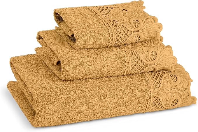 3 Piece Laced Bath Towels Set for Bathroom, Bath, Hand & Wash Cloths, Decorative Stylish Plush Cotton Washcloths - Showering, Face & Body Washing, Airbnb Essentials & Host Accessories, Gold