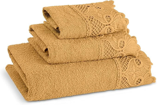 3 Piece Laced Bath Towels Set for Bathroom, Bath, Hand & Wash Cloths, Decorative Stylish Plush Cotton Washcloths - Showering, Face & Body Washing, Airbnb Essentials & Host Accessories, Gold