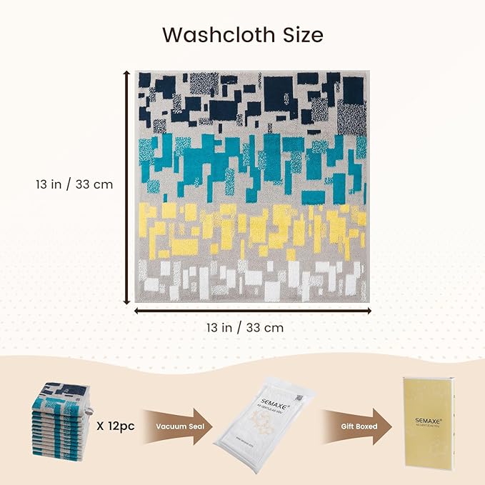 SEMAXE 100% Cotton Washcloths 12-Pack, 13 × 13 Inch Soft Luxury Face Towels – Super Absorbent & Quick-Dry, Premium Cloth with Hanging Loop, Oeko-TEX Certified, Gift-Ready Box