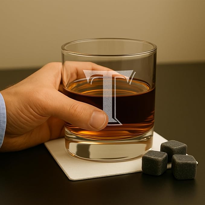 (T-Monogram)- 4 Piece Set of 11 Ounce Engraved Heavy Base Rocks Glasses Elegant Glass-Multi-Purpose Beverage-Rocks Glass- Gift for any Occasion- By: On The Rox