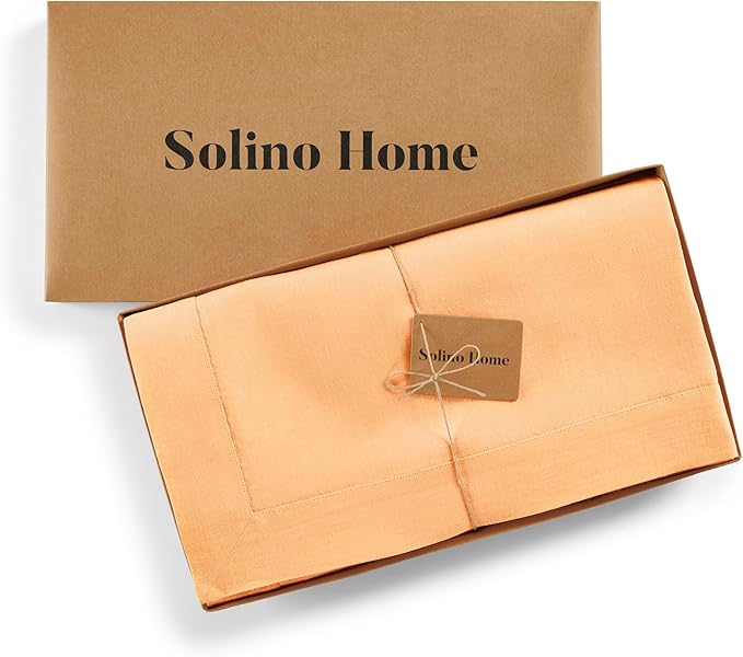 Solino Home Linen Tablecloth for Rectangle Tables 60 x 108 Inch - 100% Pure Linen Peach Table Cloth - Fete, Machine Washable Cloth Tablecloth