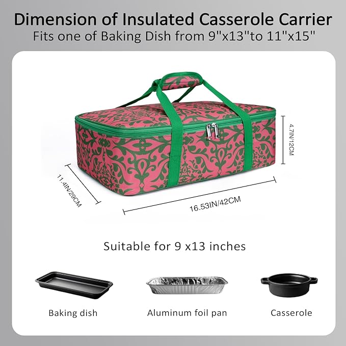 Lestyn Insulated Casserole Baking Dish Carrier Portable Lunch Tote Bag Fits Up to 9"x13" Pan for Transport to Keep Food Hot/Cold for Gathering/Potluck Parties/Cookouts/Picnics - Pink/Green