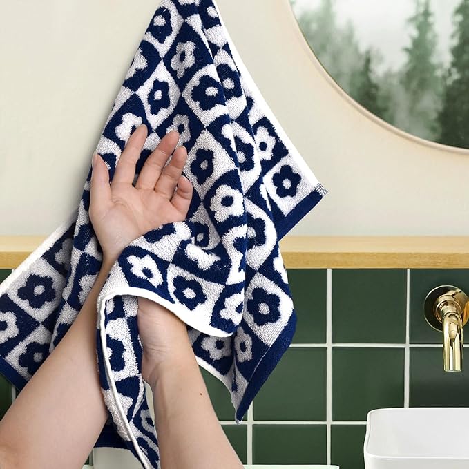 Jacquotha Cotton Hand Towels Navy Checkered Floral - Quick Drying Hand Towel Set of 4 for Kitchen Bathroom Decor, 29” x 13”