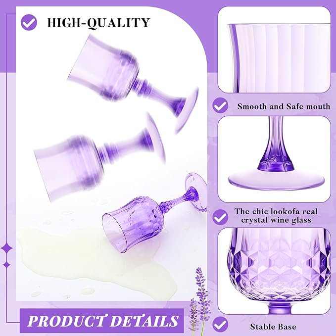 Pinkunn 12 Pcs 7 oz Plastic Vintage Wine Glasses Reusable Colored Goblets Patterned Drinking Water Glasses Cup Dishwasher Safe for Christmas Wedding Reception Party Supplies (Purple)