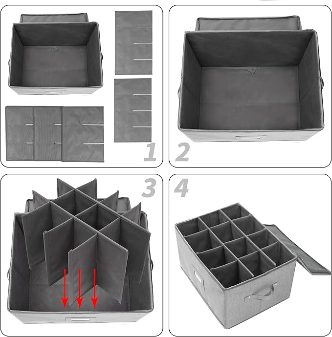 popoly Stemware Storage Cases, Wine Glass Storage Box Containers with Dividers, Stackable China Storage Containers for 12 Wine Glasses, Drinkware, Glassware or Crystal (Light Grey)