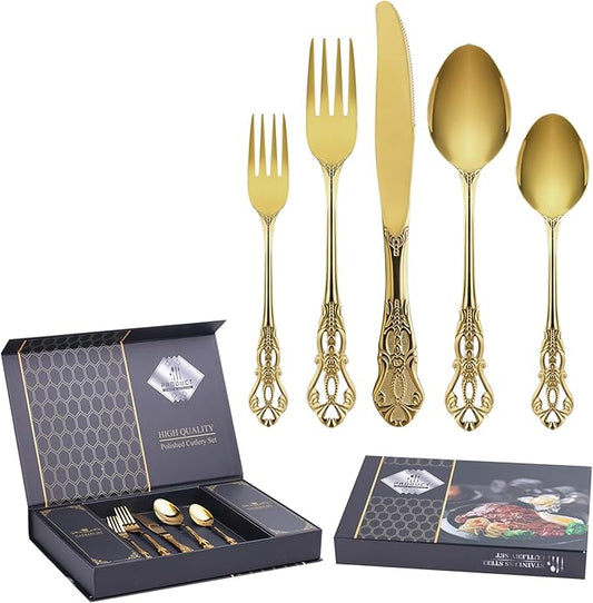 60 Piece Gorgeous Retro Royal Gold Silverware Set for 12, Premium Stainless Steel Flatware Set with gift box, Mirror Polished Cutlery Set Including Spoons and Forks, Vintage Utensils, Dishwasher Safe