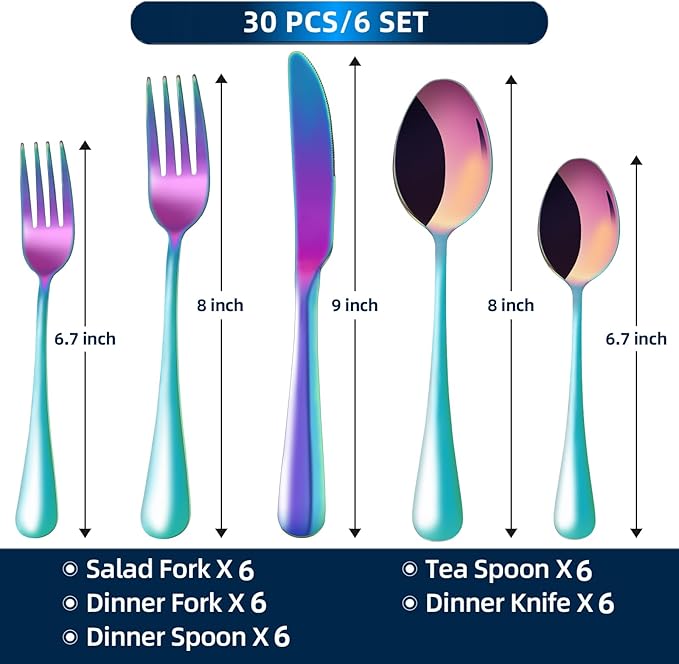 30 Piece Silverware Set, Flatware Cutlery Set for 6, 18/0 Stainless Steel Silverware, Durable Home Kitchen Eating Tableware Set,Restaurant, Wedding, Party,Dishwasher Safe