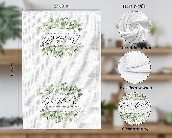 Sage Grenn Kitchen Towels,Christian Bible Verse Psalm 46:10 be Still Kitchen Towels,Christian Gifts,Hand Tea Towels for Home Kitchen Decor,Housewarming Gift 16×24