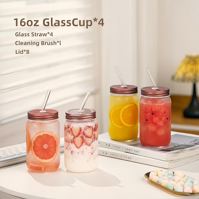 16oz Glass Cups with Lids and Straws - 4Pcs Drinking Glasses Set for Coffee Bar Accessories,Iced Coffee Cups with Lids,Matcha Cup Glass Tumbler Reusable for Gifts