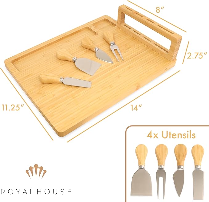 RoyalHouse Bamboo Cheese Board and Knife Set with Magnetic Holder - Serving Tray for Crackers, Meat, and Wine - Anniversary and Wedding Gift