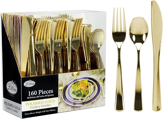 Gold Plastic Silverware Set, 160 Count, Extra Heavy Duty Flatware, Disposable Cutlery Utensils, 80 Forks, 40 Spoons, 40 Knives, Polished Gold, Bulk Pack