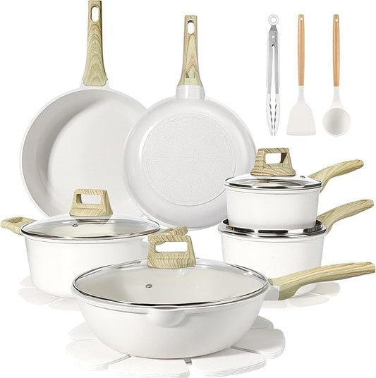 GiPP Ceramic Non Stick Pots and Pans Set - 18 Pcs Nonstick Cookware Set, Non-toxic Healthy Kitchen Cooking Set w/Frying Pans Set, Dishwasher Safe, PFAS PTFE PFOA PFOS Free, White