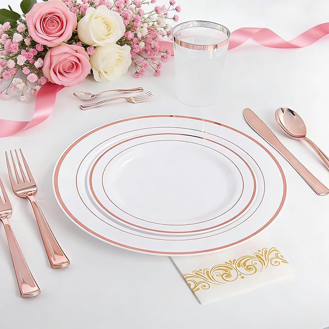 WDF 300 Pieces Rose Gold Plastic Silverware- Disposable Flatware Set - Heavy Duty Plastic Cutlery Includes 100 Forks, 100 Spoons, 100 Knives Perfect for Valentines day, Wedding, Party