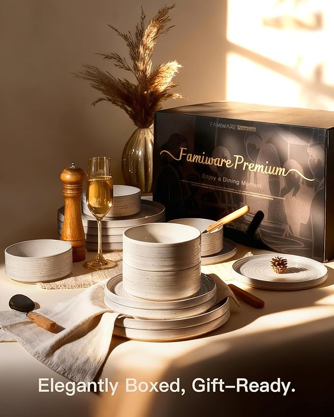 Plates and Bowls Sets for 6, Famiware Premium 18-Piece Stoneware Dinnerware Set, Spiral Dish Set with Straight Rim, Speckles & Reactive Glaze - Microwave & Dishwasher Safe Tableware, Shell Beige