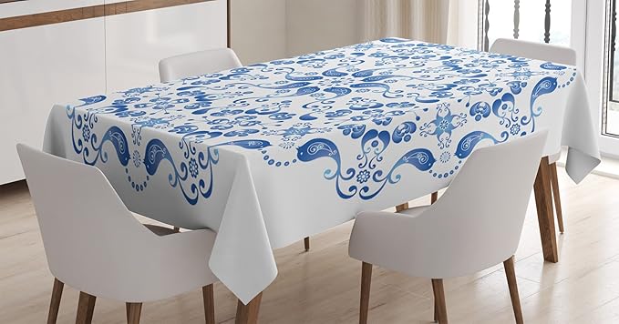 Ambesonne Mandala Tablecloth, Eastern Ottoman Mosaic Ceramic Style Round Shape with Birds Baroque Image, Dining Room Kitchen Rectangular Table Cover, 52" X 70", White Blue