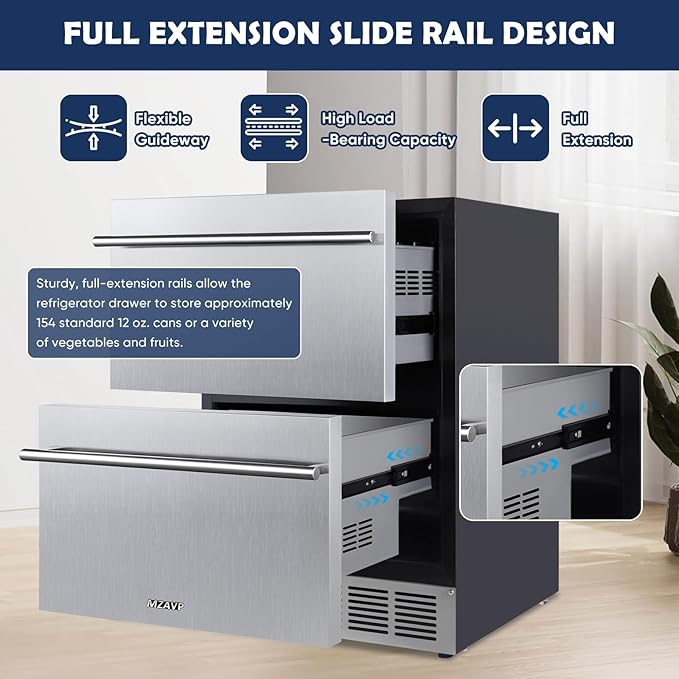 24 Inch Double Drawer Fridge, Stainless Steel Outdoor Beverage Refrigerator for Patio and Kitchen, Freestanding or Built-In, Mobile Grid Organizer, Home and Commercial Use