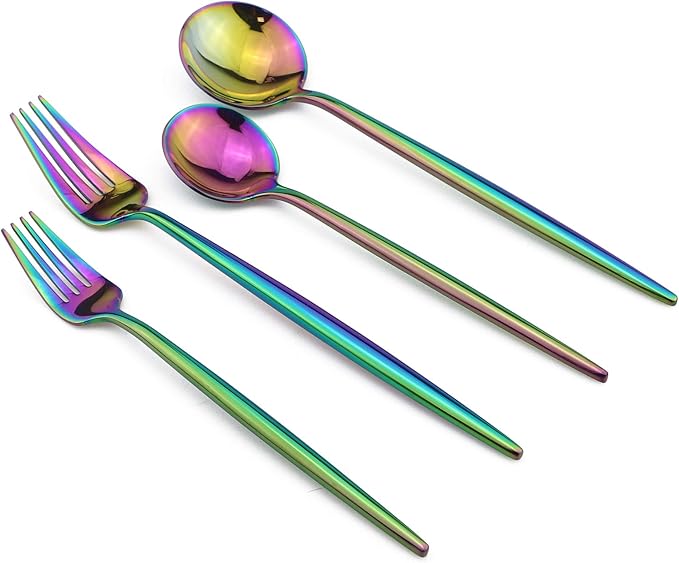 20-Pieces 18/10 Stainless Steel Silverware Set, Colorful Mirror Polishing Rainbow Flatware Set, Kitchen Knife Fork Spoon Utensils, Service for 4