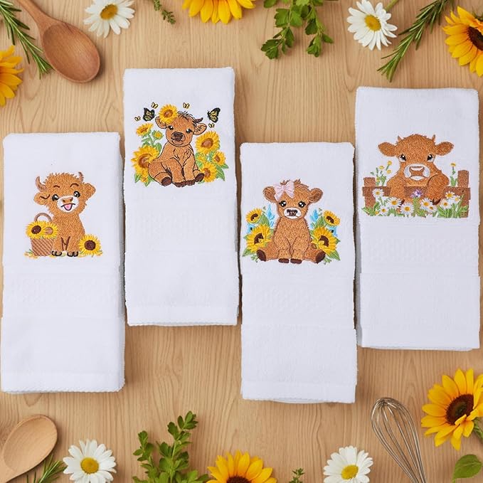 4 Pack Highland Cow Embroidered Towels with Sunflower Gifts Cotton 29.5" x 13.8" Farmhouse Country Hand Towels Absorbent Soft Kitchen Dish Cloths Bathroom Rustic Housewarming Party Decor