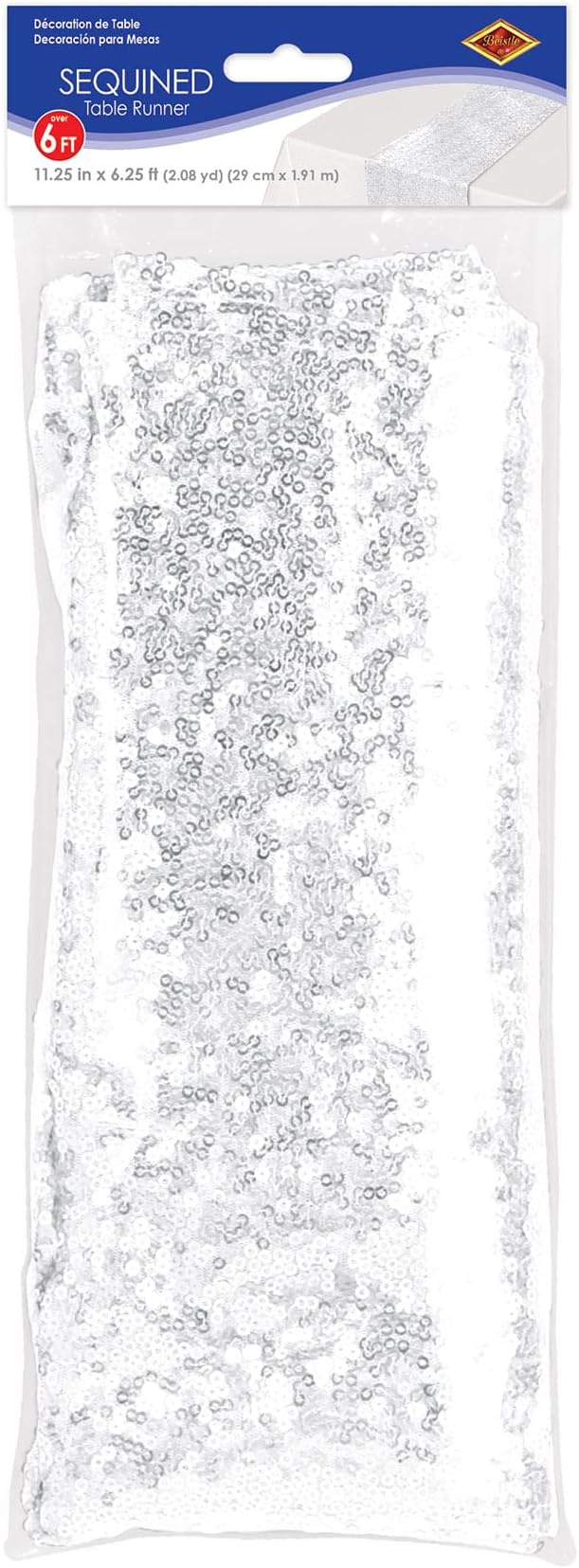 Beistle Sequined Fabric Table Runner for Birthday Parties, Wedding Decorations, Anniversary Party, Holiday Supplies, Bridal Shower Tableware, 11.25" x 75", White