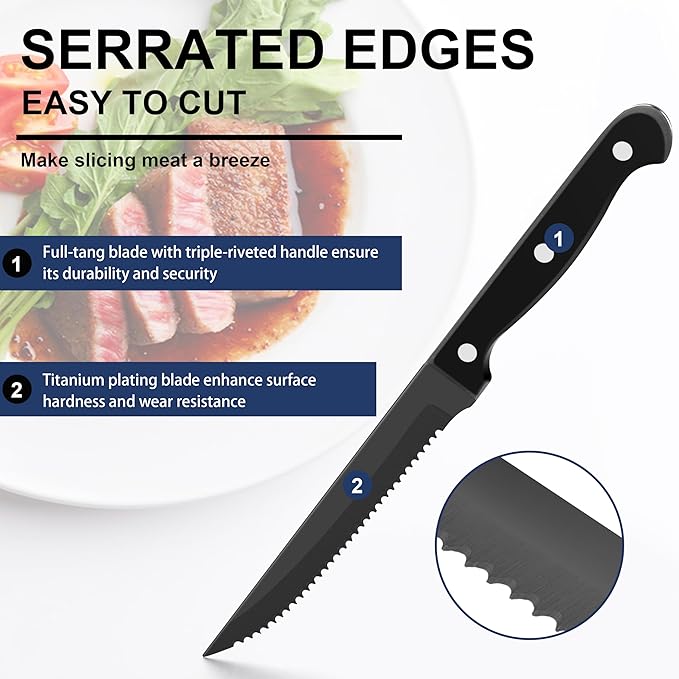 E-far 24-Piece Black Silverware Set with Steak Knives, Stainless Steel Flatware Cutlery Set for 4, Matte Black Metal Eating Utensils Sets Include Forks and Spoons Knife, Modern Design & Rust Proof