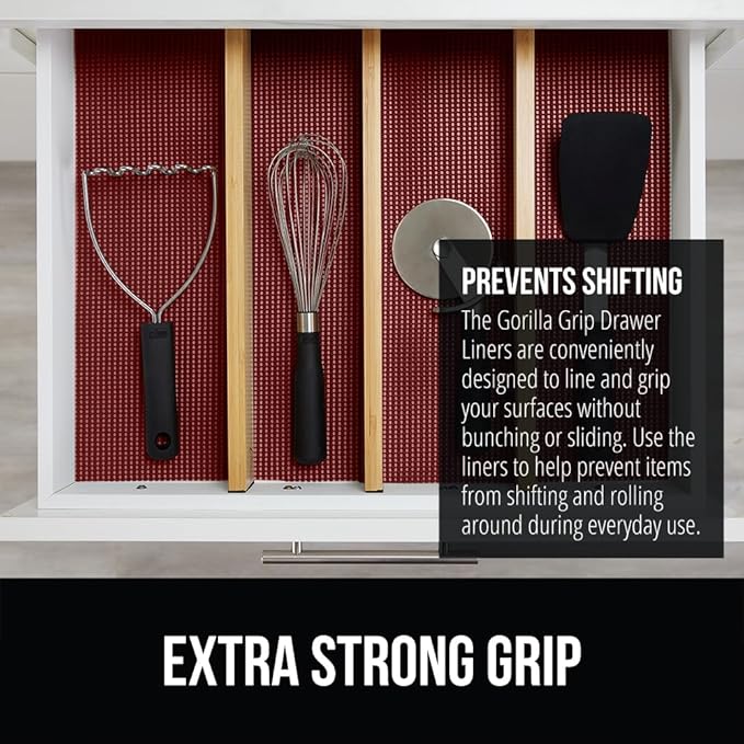 GORILLA GRIP powerGRIP Drawer Shelf and Cabinet Liner, Thick Strong Hold, Non-Adhesive Liners Protect Kitchen Cabinets and Cupboard, Bathroom Drawers, Easy Install, Breathable Mat, 17.5" x20', Red