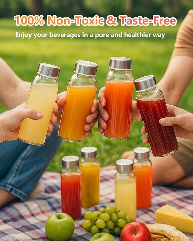 Zukro Glass Water Bottles with Lids 10.5 oz, 4 Pack Reusable Clear Glass Small Juice Bottles With Stainless Steel Cap for Juicing, Milk, Ginger Shot, BPA Free Leak Proof 300ml Drinking Jar