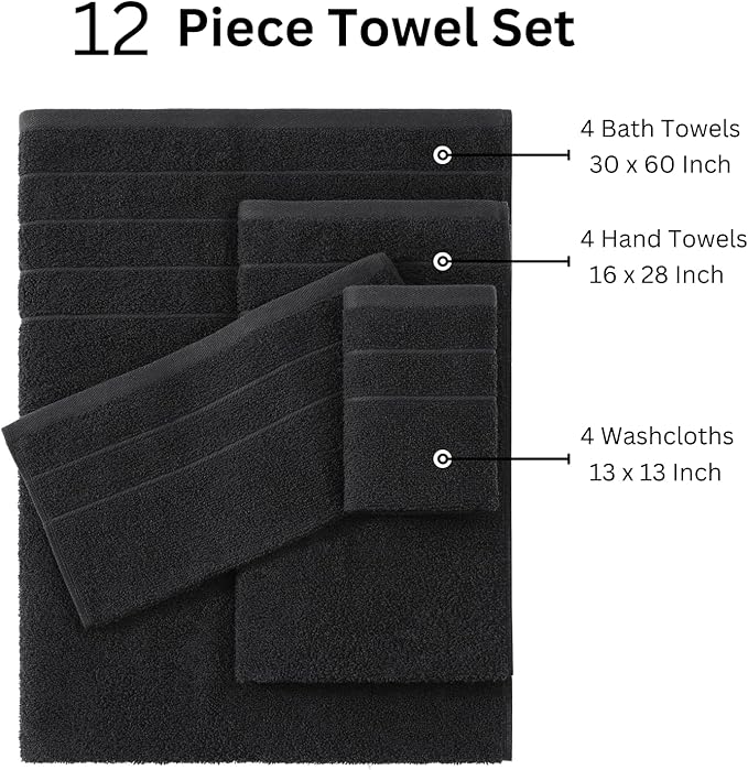 Casa Platino 100% Mercerized Cotton Luxury Bathroom Towels Set - 12 Piece - Ring Spun Technology - 4 Bath, 4 Washcloths, 4 Hand Towels - Remains Soft & Absorbent Even After Multiple Washes - Black