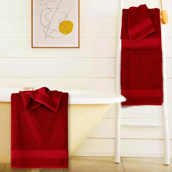 COZYART Red Bath Towel Set 6 Piece, Luxury 100% Turkish Cotton 650GSM Hotel Quality, Soft, Absorbent,Towel Sets for Bathroom | 2 Bath Towels 2 Hand Towels 2 Washcloths