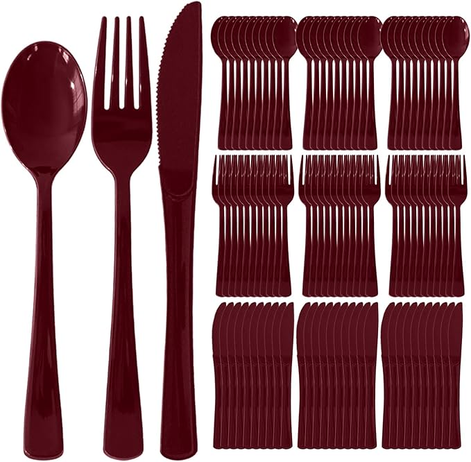 300 Pack Disposable Plastic Silverware, Heavy Duty Burgundy Plastic Cutlery Set Includes 100 Forks 100 Knives 100 Spoons for Birthday Wedding Party Picnics (300, Burgundy)