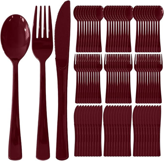 300 Pack Disposable Plastic Silverware, Heavy Duty Burgundy Plastic Cutlery Set Includes 100 Forks 100 Knives 100 Spoons for Birthday Wedding Party Picnics (300, Burgundy)