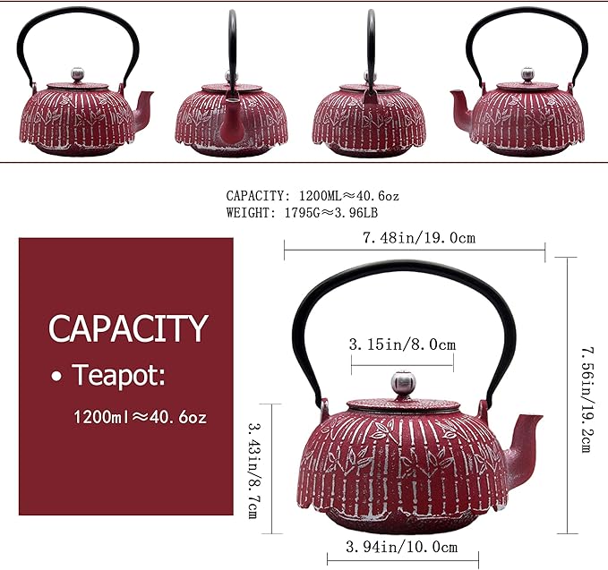 Tea Kettle, Japanese Cast Iron Teapot with Stainless Steel Infuser, Cast Iron Tea Kettle, Durable Teapot Coated with Enameled Interior (40.6oz Burgundy Bamboo Leaf Pattern)