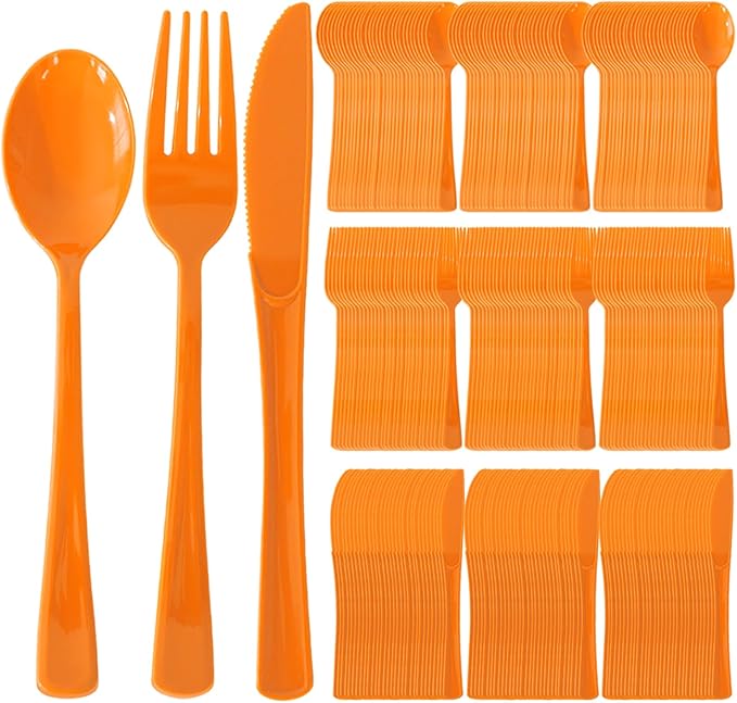 300 Pack Disposable Plastic Silverware, Heavy Duty Orange Plastic Cutlery Set Includes 100 Forks 100 Knives 100 Spoons for Birthday Wedding Party Picnics (300, Orange)