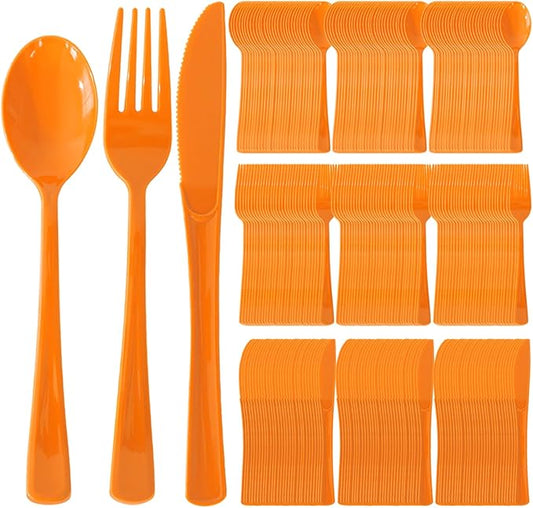 300 Pack Disposable Plastic Silverware, Heavy Duty Orange Plastic Cutlery Set Includes 100 Forks 100 Knives 100 Spoons for Birthday Wedding Party Picnics (300, Orange)