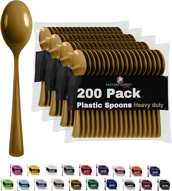 Party Solids Gold Plastic Spoons 200 Pieces Gold Spoons Disposable Utensils Heavy Duty Plastic Cutlery Set Disposable Cutlery Sets Flatware Sets Silverware Set Party Supplies & Party Tableware