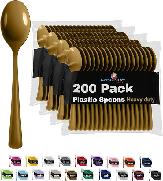 Party Solids Gold Plastic Spoons 200 Pieces Gold Spoons Disposable Utensils Heavy Duty Plastic Cutlery Set Disposable Cutlery Sets Flatware Sets Silverware Set Party Supplies & Party Tableware