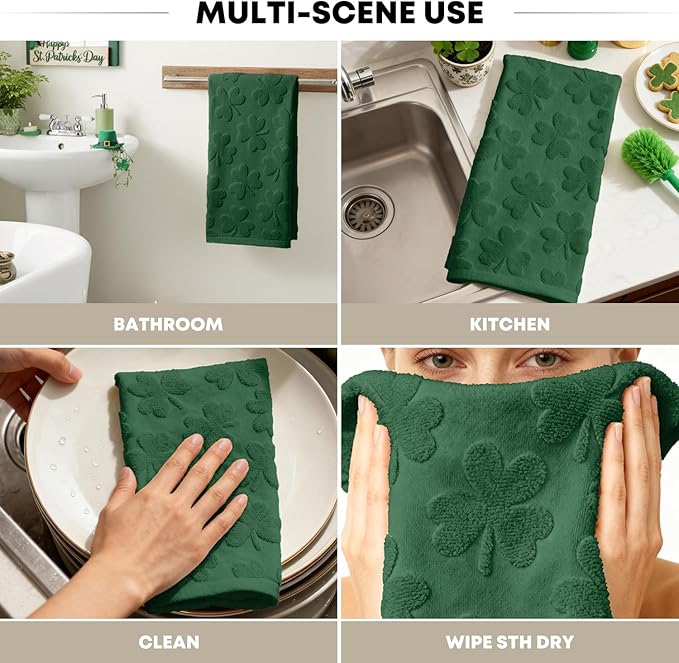 Artoid Mode 1 Pc Dark Green 3D Shamrock Jacquard Patrick Hand Towels for Bathroom, 100% Cotton Soft Absorbent Bathroom Decor Towels, 13.7 x 29.5 Inch
