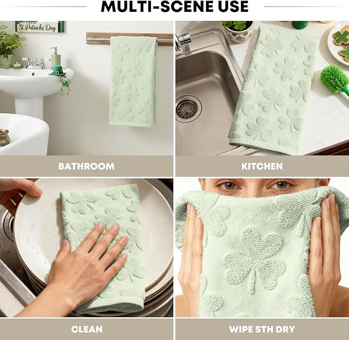 Artoid Mode 1 Pc Light Green 3D Shamrock Jacquard Patrick Hand Towels for Bathroom, 100% Cotton Soft Absorbent Bathroom Decor Towels, 13.7 x 29.5 Inch