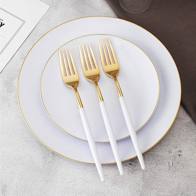 I00000 144 Plastic Forks, Disposable Flatware with White Handle, Look Like Gold Cutlery for Party Wedding
