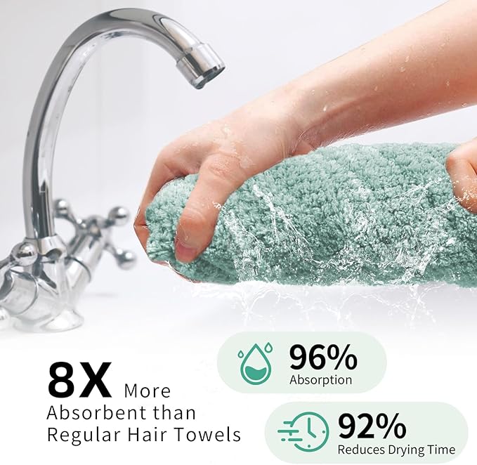 2 Pack Extra Large Microfiber Hair Towel Wrap, 37.4" x 26.4" for Women, Super Absorbent & Quick Dry Hair Towel with Elastic Strap for Curly Hair Green