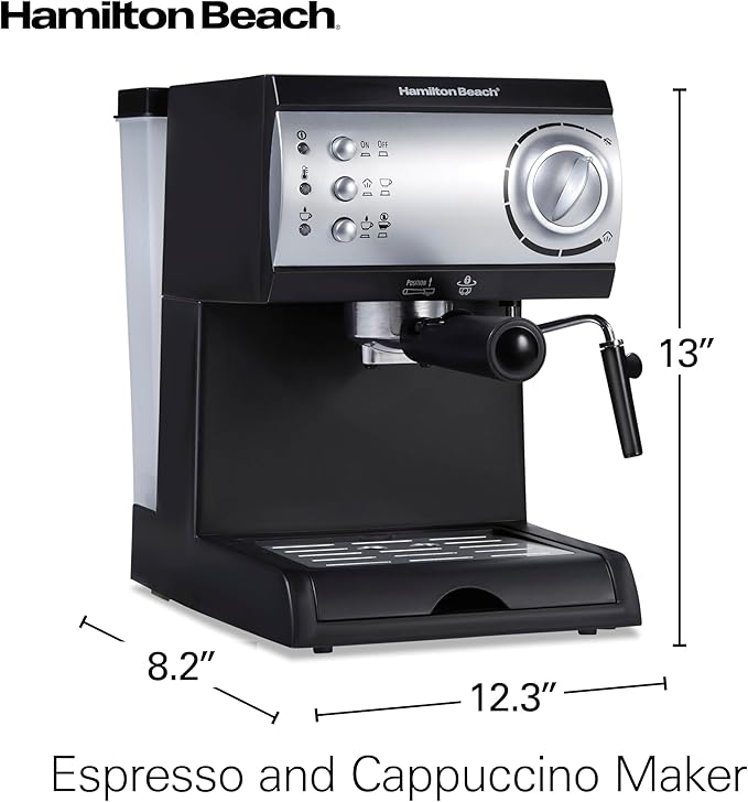 Hamilton Beach 15 Bar Espresso Machine, Cappuccino, Mocha, & Latte Maker, with Milk Frother, Make 2 Cups Simultaneously, Works with Pods or Ground Coffee, 50 oz. Water Reservoir, Black