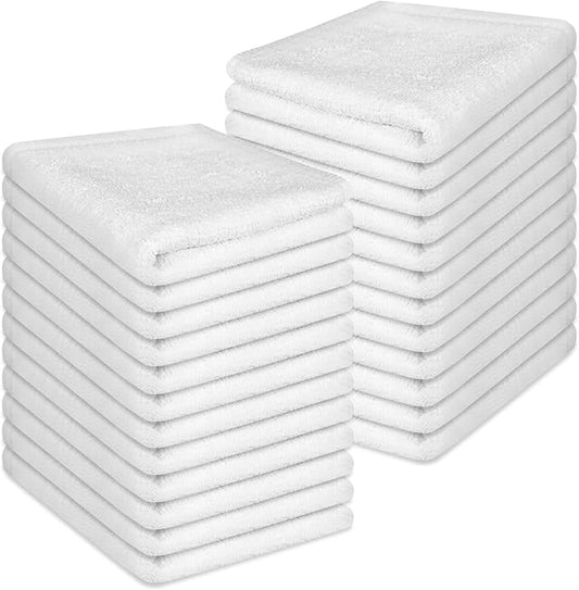 24 Pack 100% Cotton Wash Cloth, 12x12 Inch Highly Absorbent and Soft Feel Fingertip Towels, Machine Washable Washcloths for Bathroom, Gym, Hotel, Spa and Kitchen, White