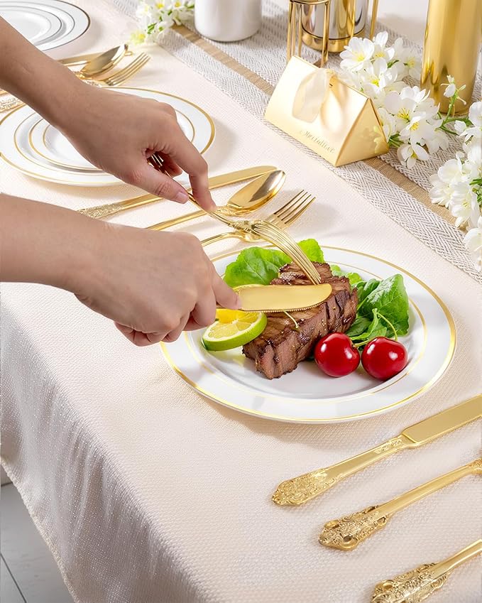 bUCLA HEAVYWEIGHT 300PCS Gold Plastic Silverware Disposable - Extra Heavy Duty Plastic Cutlery - Gold Disposable Utensils Set - Include 100 Knives, 100 Forks, 100 Spoons for Party & Special Moments