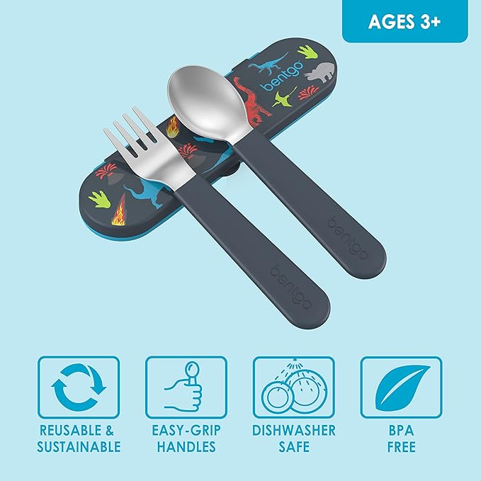 Bentgo Kids Stainless Steel Utensil Set - Reusable Fork, Spoon & Storage Case - High-Grade BPA-Free Stainless Steel, Easy-Grip Handles, Dishwasher Safe for School Lunch, Travel & Outdoors (Dinosaur)
