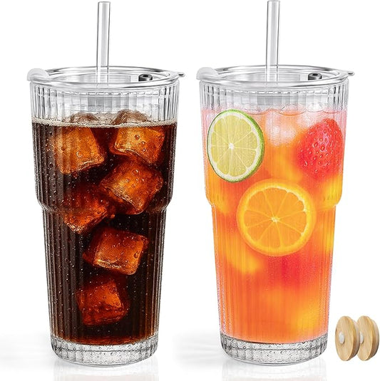 Ruckae 20oz Ribbed Glass Tumbler with Lids and Straws – 2 Pack Leak Proof Iced Coffee Cup– Aesthetic Glass Cups with Bamboo Lids for Home,Office,Travel and Gifts (2, Transparent)
